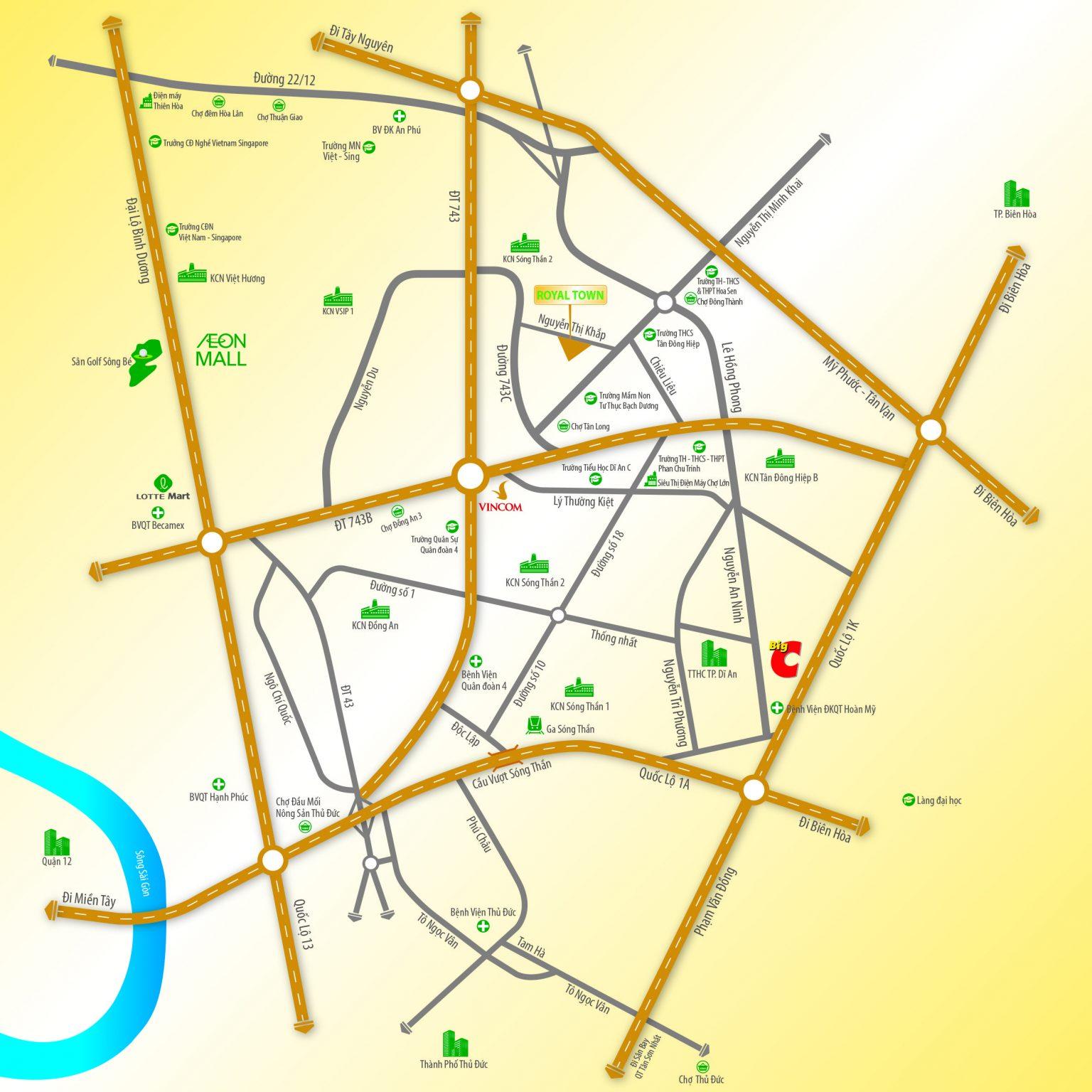 sơ đồ vị trí royal town dĩ an bình dương
