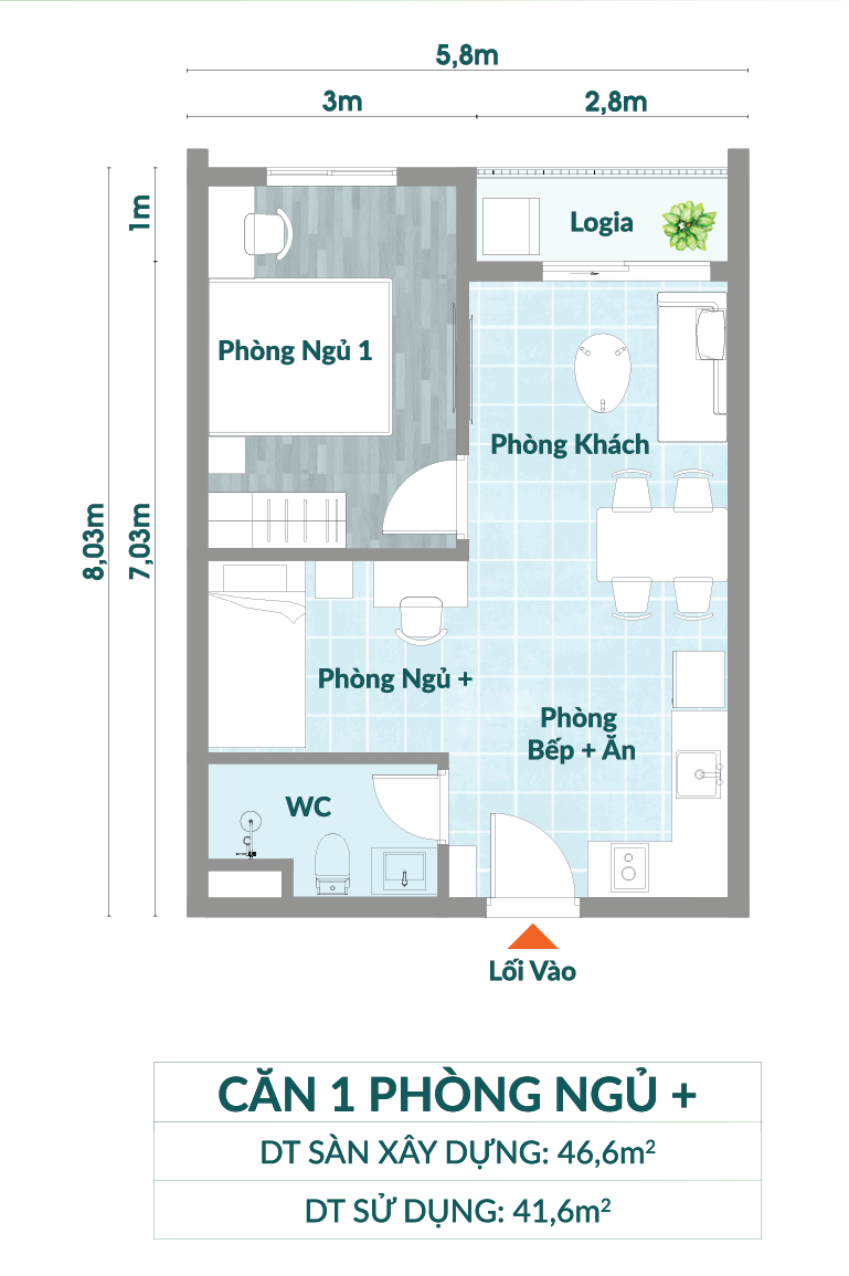 Layout căn hộ 1PN+ Khome Avenue Nhơn Trạch