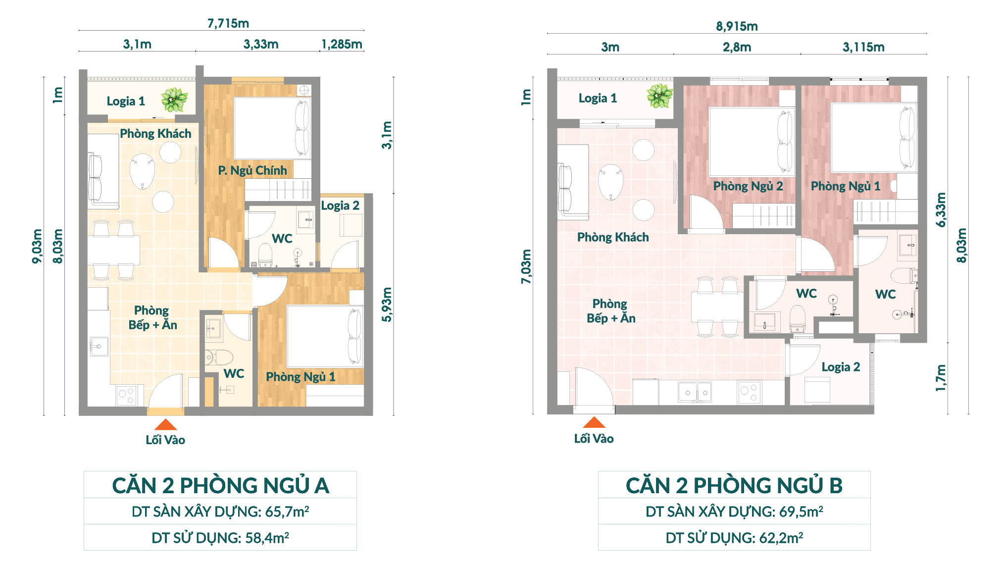 Layout căn hộ 2PN-A và 2PN-B dự án NOXH Khome Avenue Nhơn Trạch