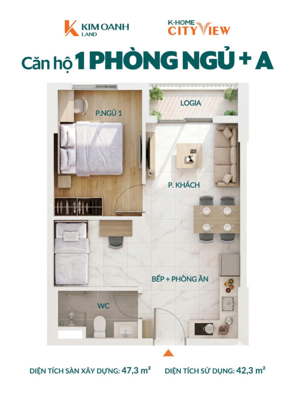 Layout căn 1 phòng ngủ A khome City View