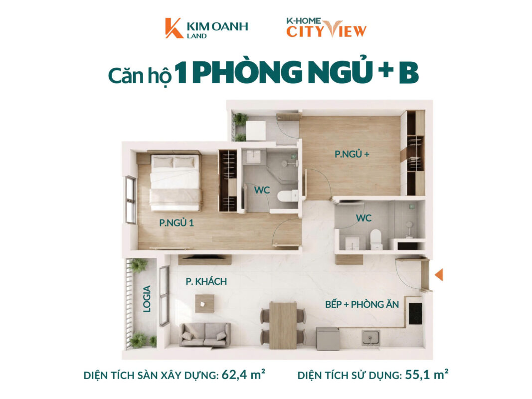 Layout căn 1 phòng ngủ B khome City View