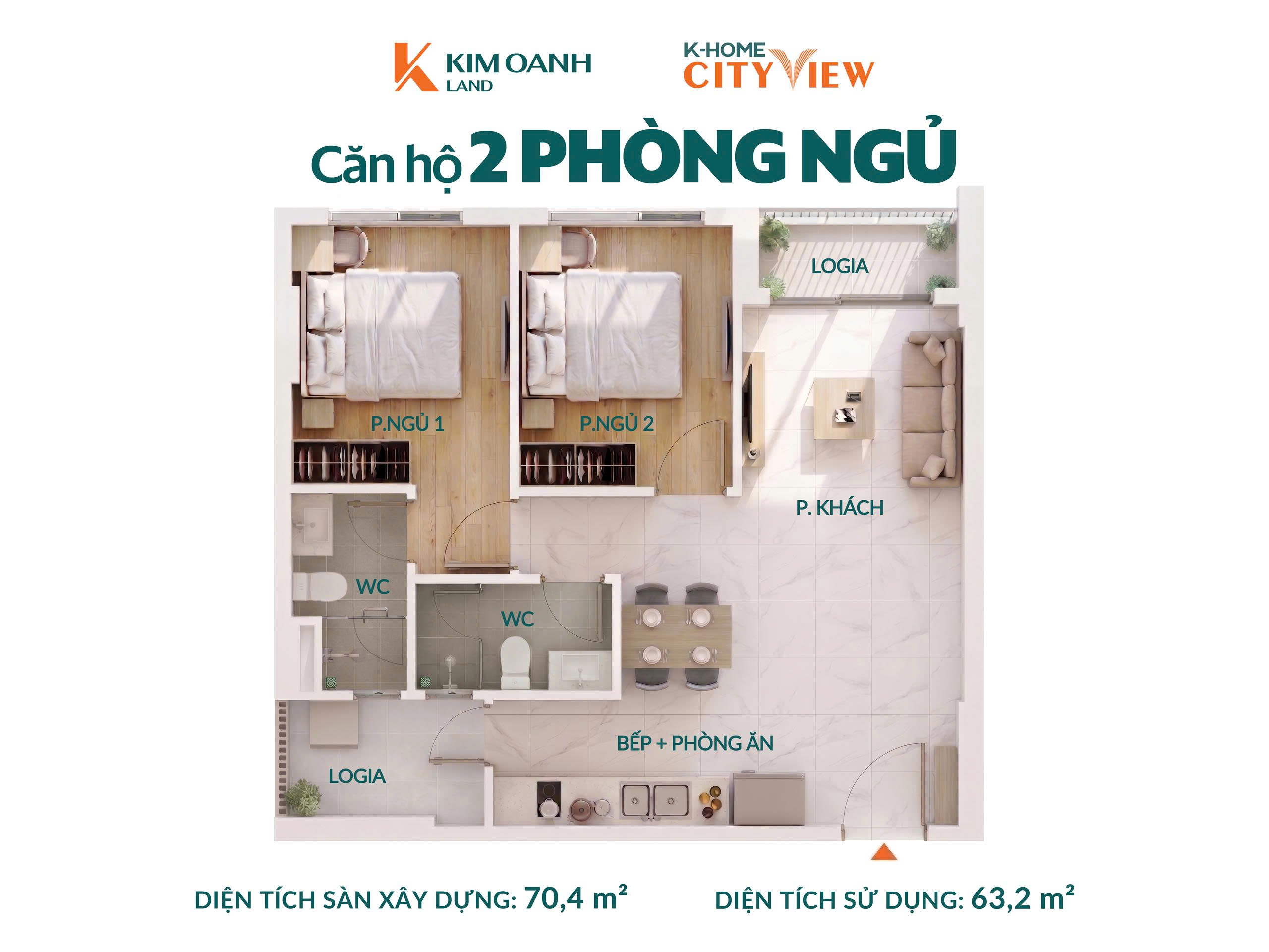 Layout căn 2 phòng ngủ khome City View