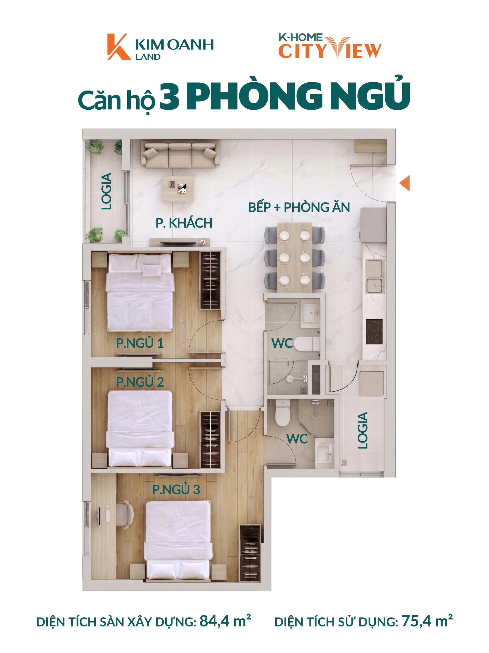 Layout căn 3 phòng ngủ khome City View