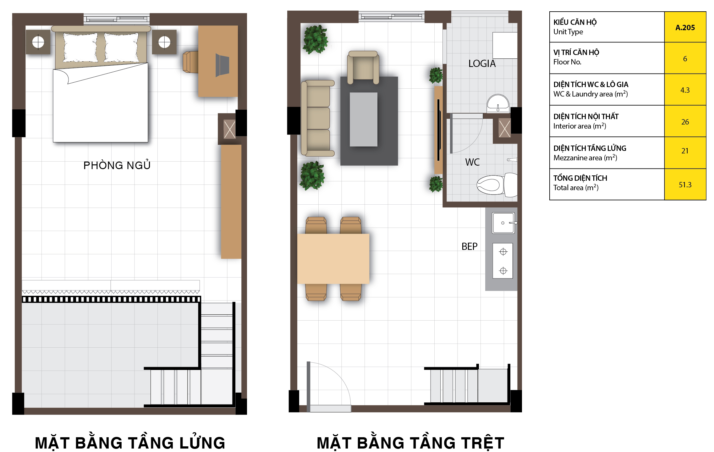 Layout căn hộ A6 205 dự án NOXH Happy Home Nhơn Trạch